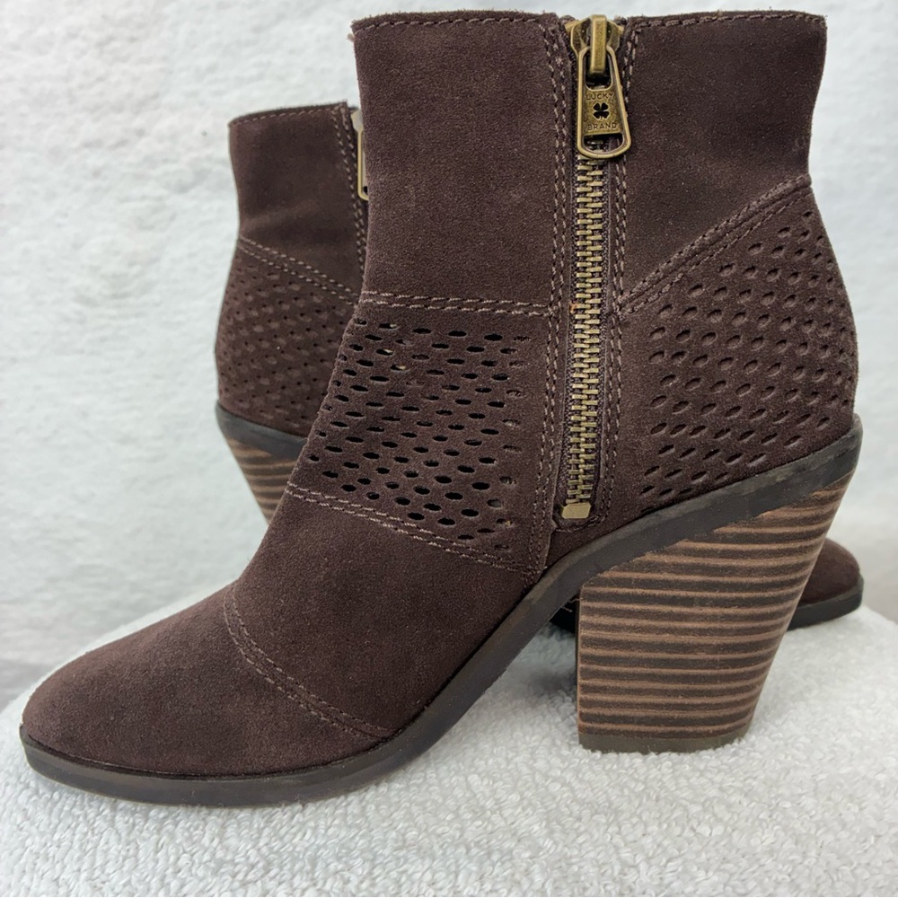 Lucky Brand Boho Perforated Leather Suede Booties Brown Stacked Heel Ankle Boots - Picture 6 of 10